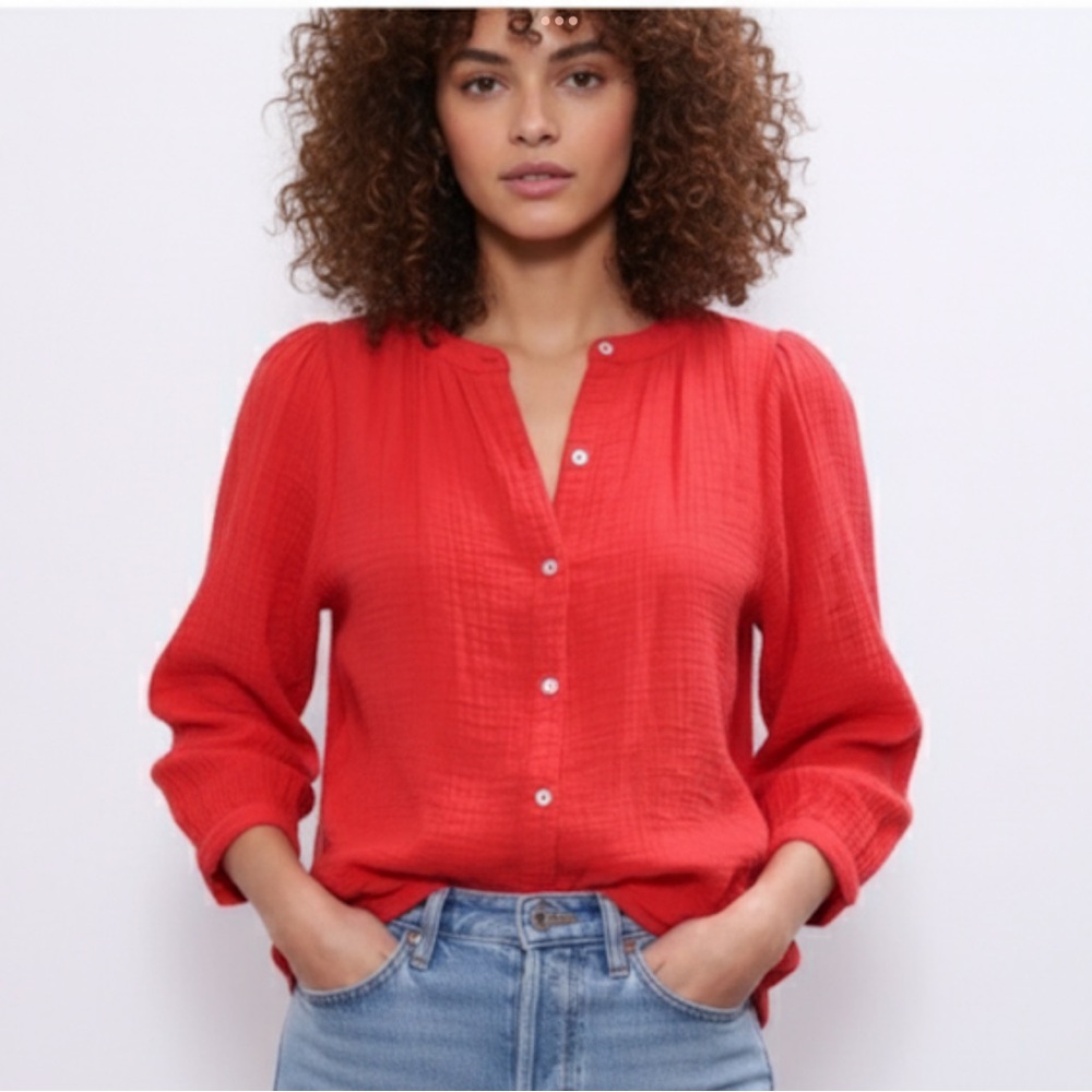 XIRENA LARK SHIRT RED ROSE 100% Cotton Gauze Muslin Button Front Size XS